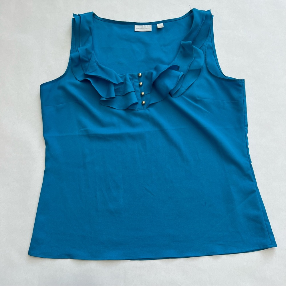 Large Blue with Gold button Sleeveless blouse with ruffles